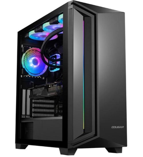 PC case with glass side panel and RGB lighting