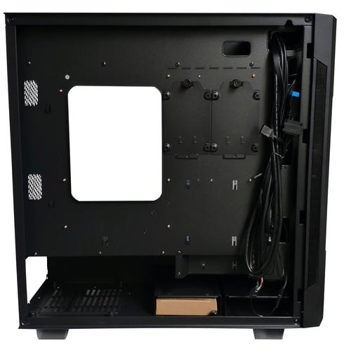 Black mid tower PC case on desk