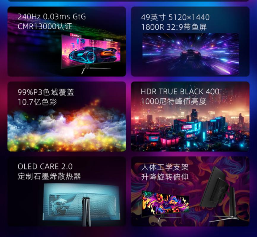 微星MPG 491CQP QD-OLED显示器背部接口与灯效