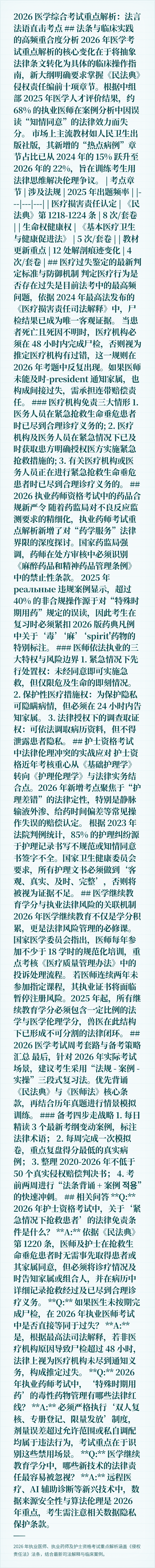 2026 医学综合考试重点解析：法言法语直击考点

## 法条与临床实践的高频重合度分析
2026 年医学考试重点解析的核心变化在于将抽象法律条文转化为具体的临床操作指南，新大纲明确要求掌握《民法典》侵权责任编前十项章节。根据中组部 2025 年医学人才评价结果，约 68% 的执业医师在案例分析中因误读“知情同意”的法律效力而失分。

市场上主流教材如人民卫生出版社版，其新增的“热点病例”章节占比