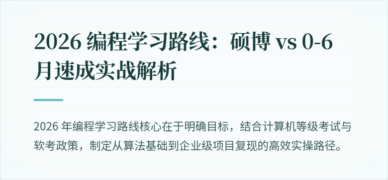 2026 编程学习路线：硕博 vs 0-6 月速成实战解析