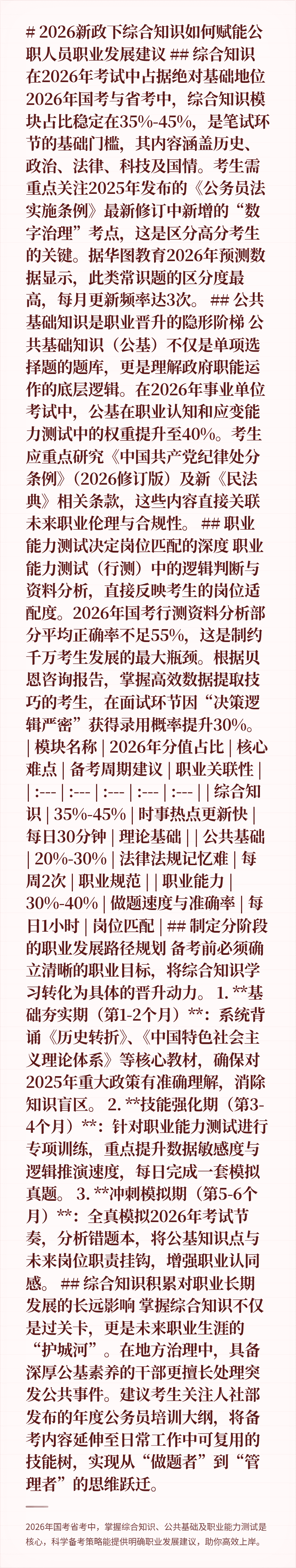 # 2026新政下综合知识如何赋能公职人员职业发展建议

## 综合知识在2026年考试中占据绝对基础地位
2026年国考与省考中，综合知识模块占比稳定在35%-45%，是笔试环节的基础门槛，其内容涵盖历史、政治、法律、科技及国情。考生需重点关注2025年发布的《公务员法实施条例》最新修订中新增的“数字治理”考点，这是区分高分考生的关键。据华图教育2026年预测数据显示，此类常识题的区分度最高，每