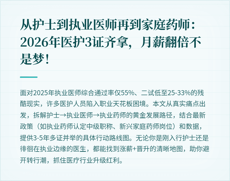 从护士到执业医师再到家庭药师：2026年医护3证齐拿，月薪翻倍不是梦！