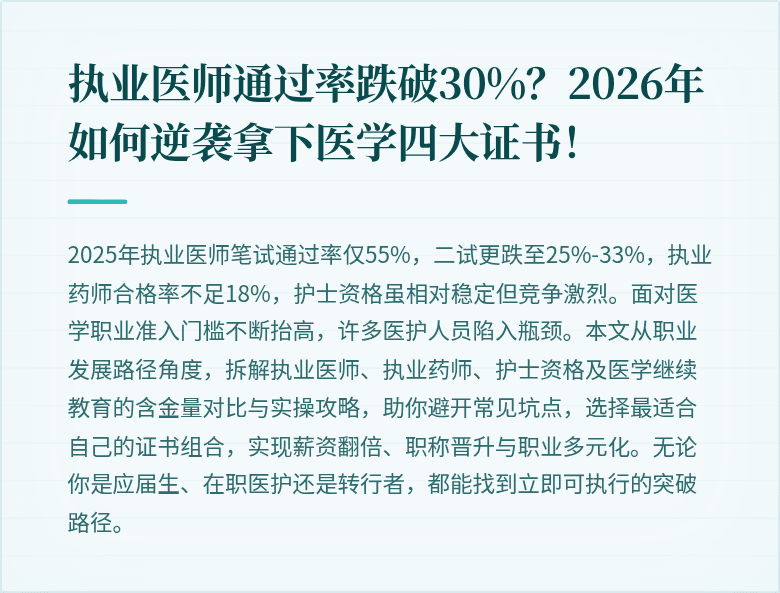 执业医师通过率跌破30%？2026年如何逆袭拿下医学四大证书！