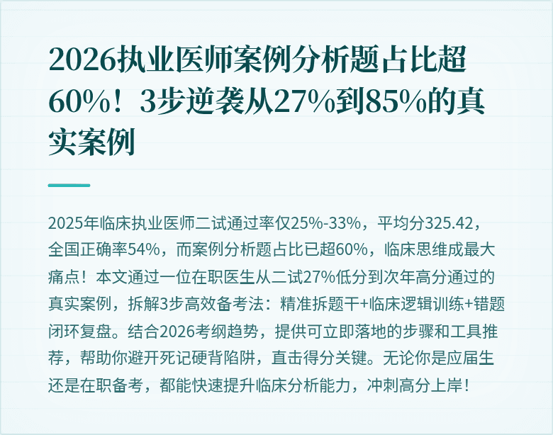 2026执业医师案例分析题占比超60%！3步逆袭从27%到85%的真实案例