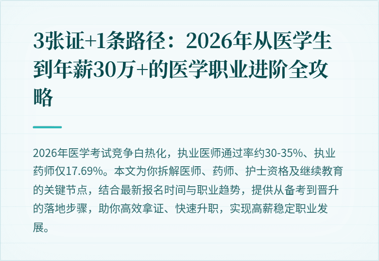 3张证+1条路径：2026年从医学生到年薪30万+的医学职业进阶全攻略