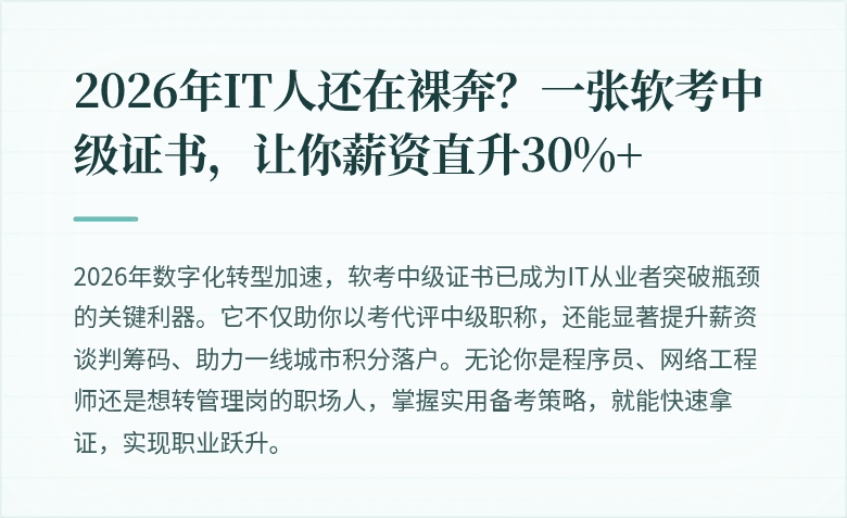 2026年IT人还在裸奔?一张软考中级证书,让你薪资直升30%+