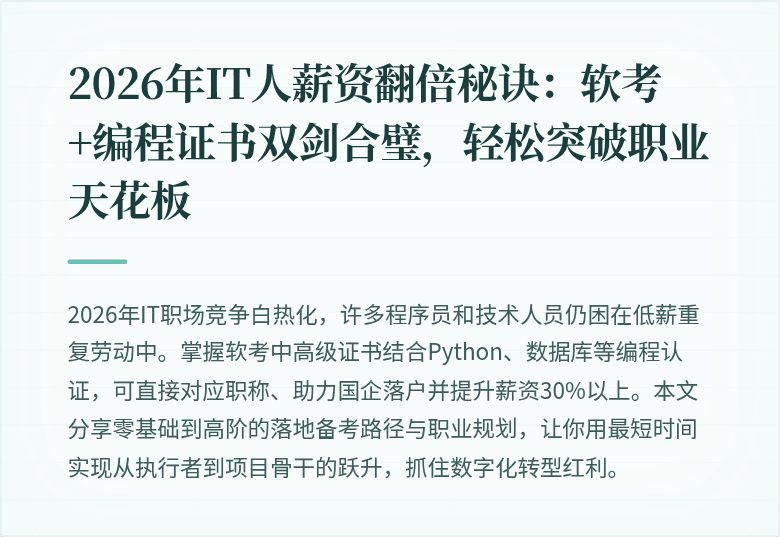 2026年IT人薪资翻倍秘诀：软考+编程证书双剑合璧，轻松突破职业天花板