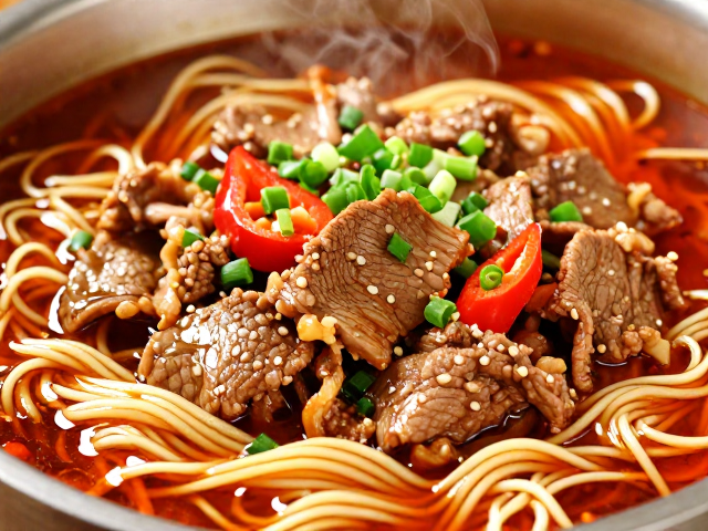 酸辣水煮牛肉，爆炒朝天椒激发牛肉灵魂，面条吸汁绝配