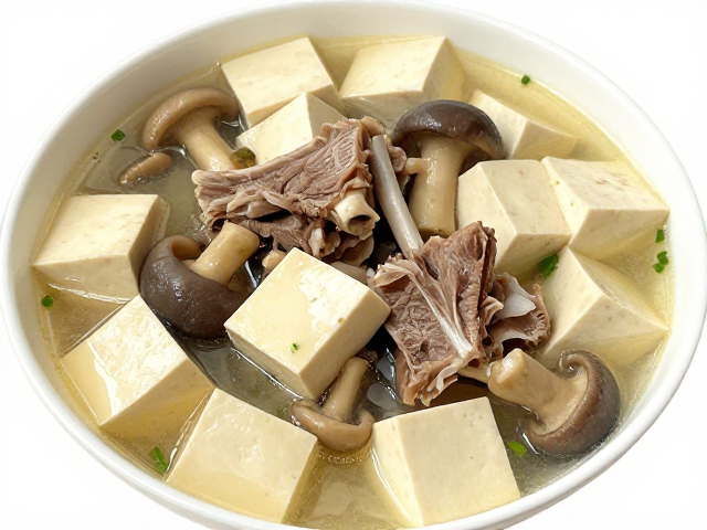 平菇豆腐炖羊排，汤浓味鲜，营养丰富的家常美味