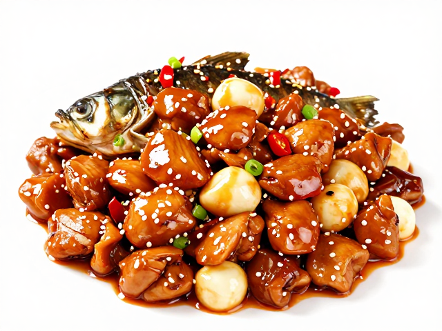 宫保鸡丁食材搭配，醋、醪糟提味，麻辣鲢鱼的避光调料经