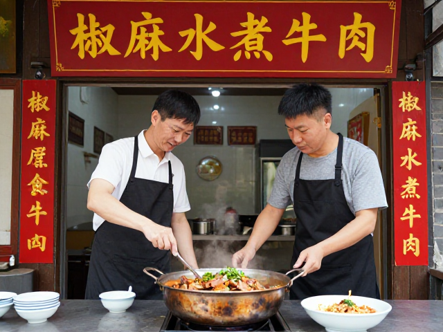 师徒传承自贡盐帮菜老店，椒麻水煮牛肉翻台率高人均100