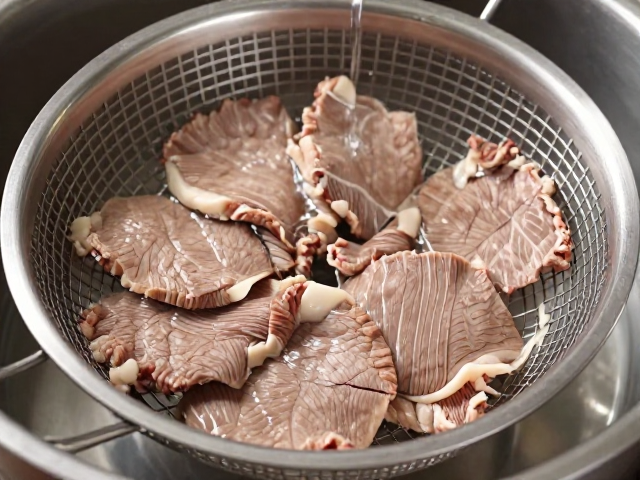 水煮牛肉不柴技巧，牛肉码味要足，漏勺控水薄厚一致
