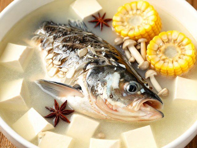 花鲢鱼头豆腐汤，平菇玉米同炖，八角去腥汤鲜味美