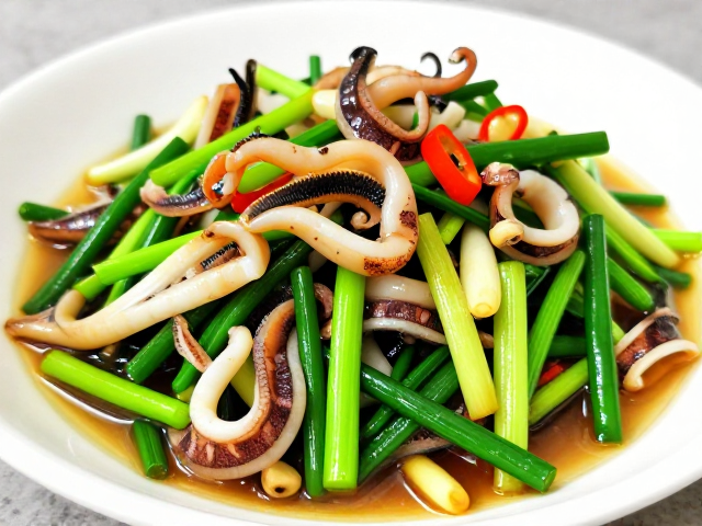 干贝鱿鱼炒蒜苗鲜香入味，搭配鱼肚豆瓣酱打造海鲜盛宴
