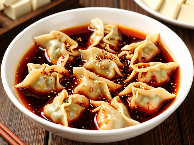 川西坝子风味红油抄手，自制复制酱油，豆腐切方块配菜