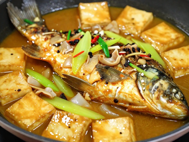 魔芋豆腐烧鲫鱼，青笋肥肠的鲜香碰撞，草果酱料调出正宗四川味