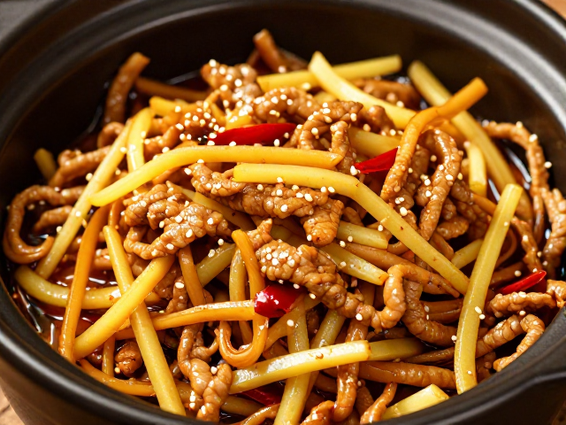 砂锅泡姜肉丝，火候层次分明，麻辣鲜香不腻人
