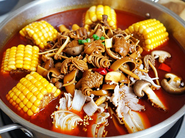 揭秘网红红油鸭肉玉米锅，脑花嫩滑、口蘑爆汁，猪肉片更带劲