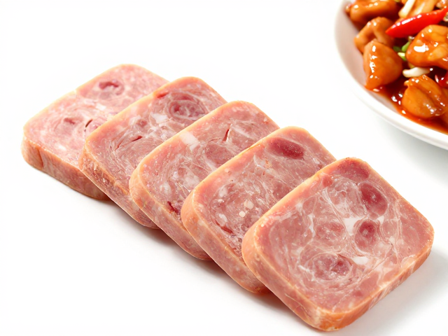 冷冻午餐肉切薄片，搭配宫保鸡丁食材，快手家常美味