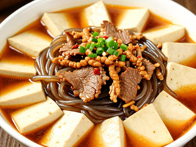水煮牛肉配川北凉粉，凉拌菜肉丝嫩滑秘籍，豆腐配菜切段大全