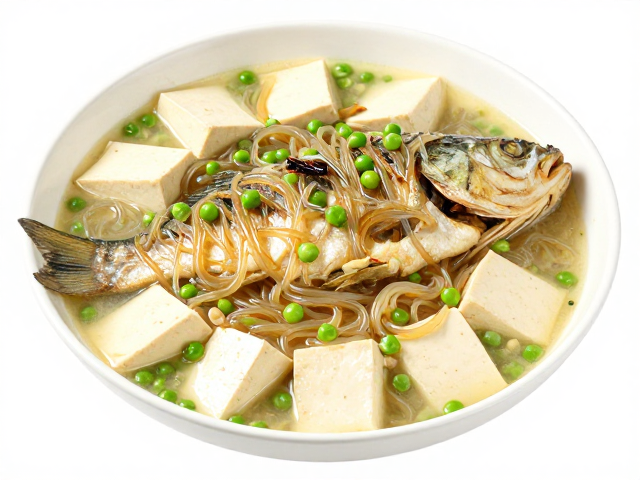豆类美食新吃法，豆腐豌豆粉炖鲢鱼，桂皮腌制入味鲜香不腻