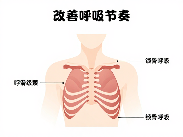 改善呼吸节奏，胸式与锁骨呼吸练习，注意心肺禁忌