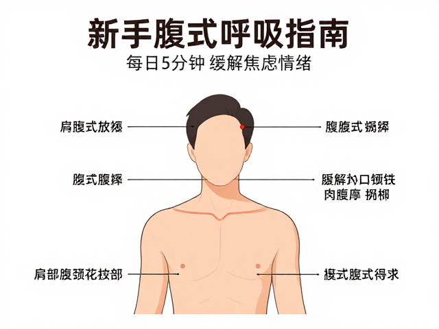 新手腹式呼吸指南，肩颈保持放松，每日5分钟缓解焦虑情绪