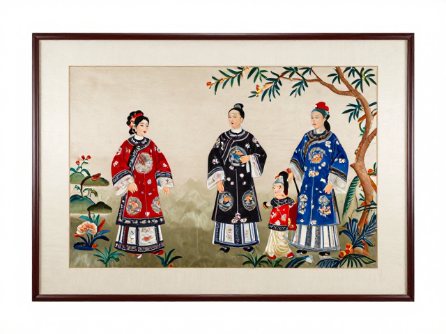 广绣挂画定制，绸缎底料配浓烈色彩，复刻清代外销刺绣经典