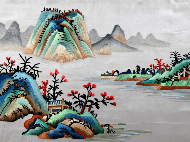 山东鲁绣鉴赏，绸缎平针绘山水花鸟，浓烈色彩显质朴大方