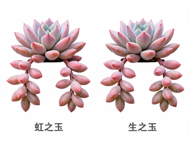 同外观易混淆多肉分辨，粉色系棒状叶矮胖悬垂，虹之玉与相似品种对比