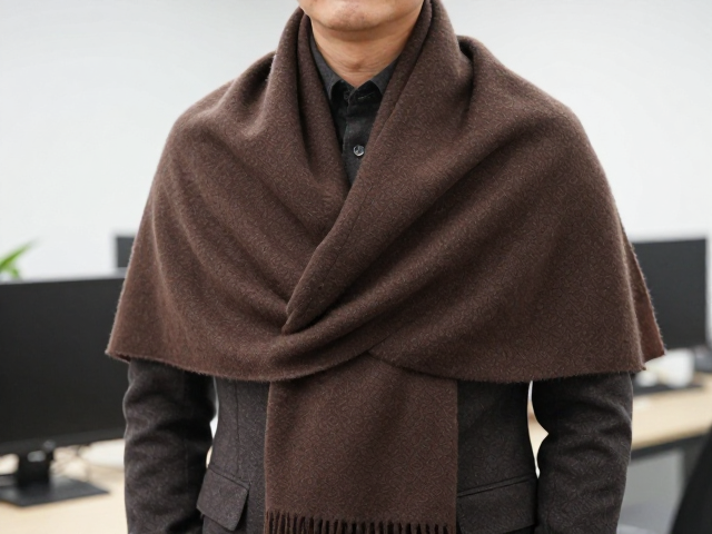 中年男士办公室穿搭,咖啡色羊毛披肩围巾,交叉垂挂显正式感,轻奢抗起球