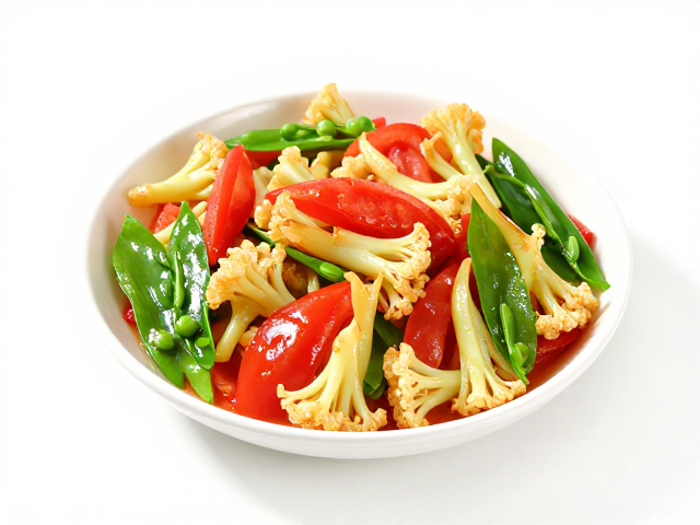 低卡饮食的快手选择：西红柿炒花菜加豌豆尖