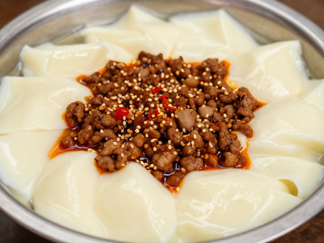 泸州荤豆花的细腻质地与肉臊铺垫