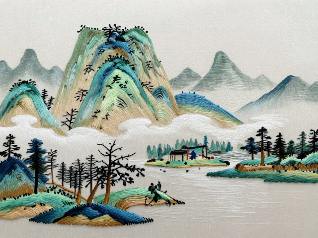 晕针铺针蜀绣技法，严谨针法绘就绝美山水风景