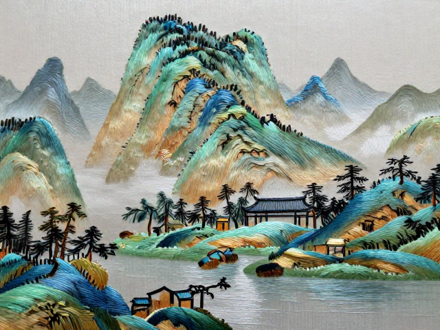 色彩晕染与光影重构:山水意境的丝线表达