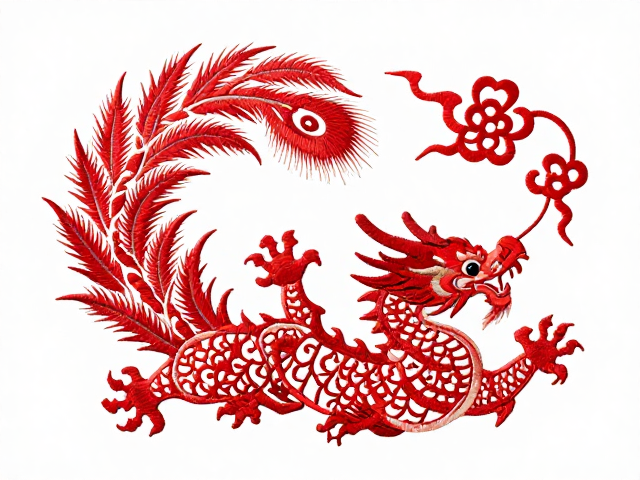 龙凤刺绣纹样赏析，凤尾舒展华丽，朱红热烈尽显东方美学