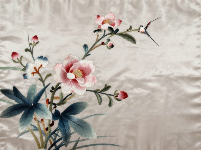 花鸟刺绣手绘稿，绸缎底布上的高洁清雅，传承东方美学