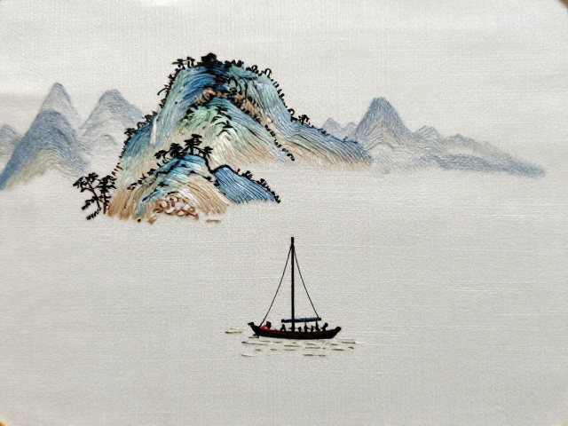 写意山水刺绣，渔舟孤帆小幅挂件练习教程