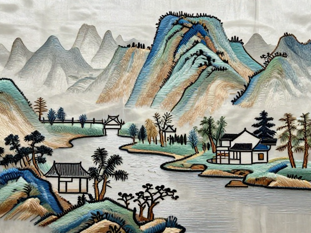 溪山行旅名家山水刺绣定制，独特纹样具高收藏价值