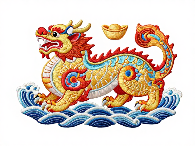 貔貅瑞兽刺绣纹样赏析，海水纹对称饱满，寓意招财进宝