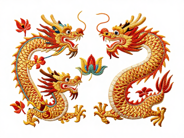 龙凤刺绣宗教纹样，龙鳞排列细密，小幅纹样试绣细节解析