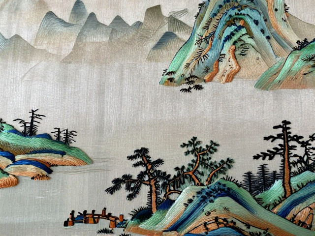 汴绣山水滚针技法，工笔山水刺绣纹样细节解析与传承