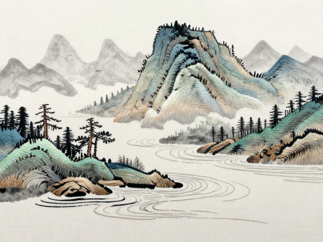 写意山水刺绣纹样，分层施针呈现水波流动自然之美