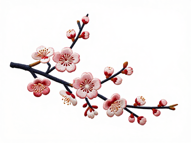 花卉刺绣定制纹样，梅花坚韧高洁，线条柔和流畅显雅致