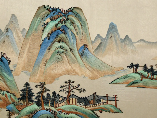 传统挂幅刺绣山水风景锁针技法解析