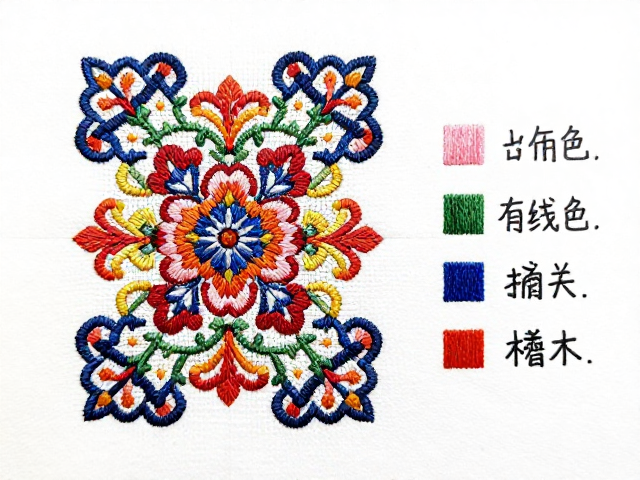织绣复合工艺手绘稿，精准纹样定位与织面绣线配色指南