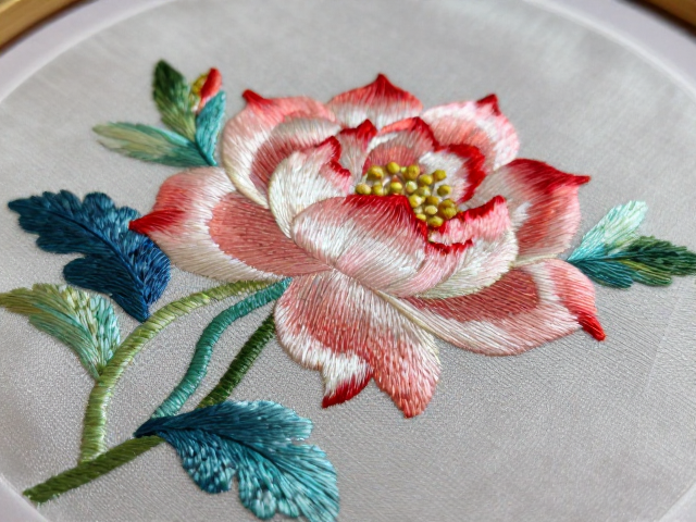 蜀绣彩晕针法，线片光洁细腻，演绎服饰刺绣艺术之美
