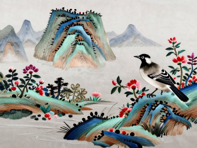 鲁绣山水花鸟赏析，线条遒劲有力，民间吉祥图案寓意深远