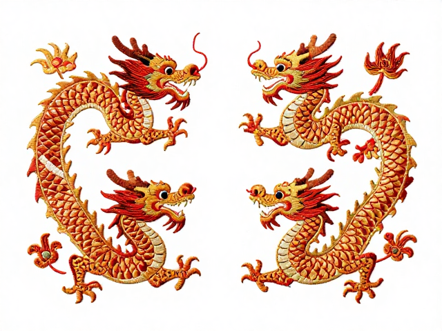 龙凤呈祥刺绣图案，鳞片层次分明与传统对称之美